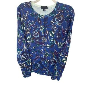 Women's Lands' End blue‎ button down cardigan floral print sweater size L 14/16